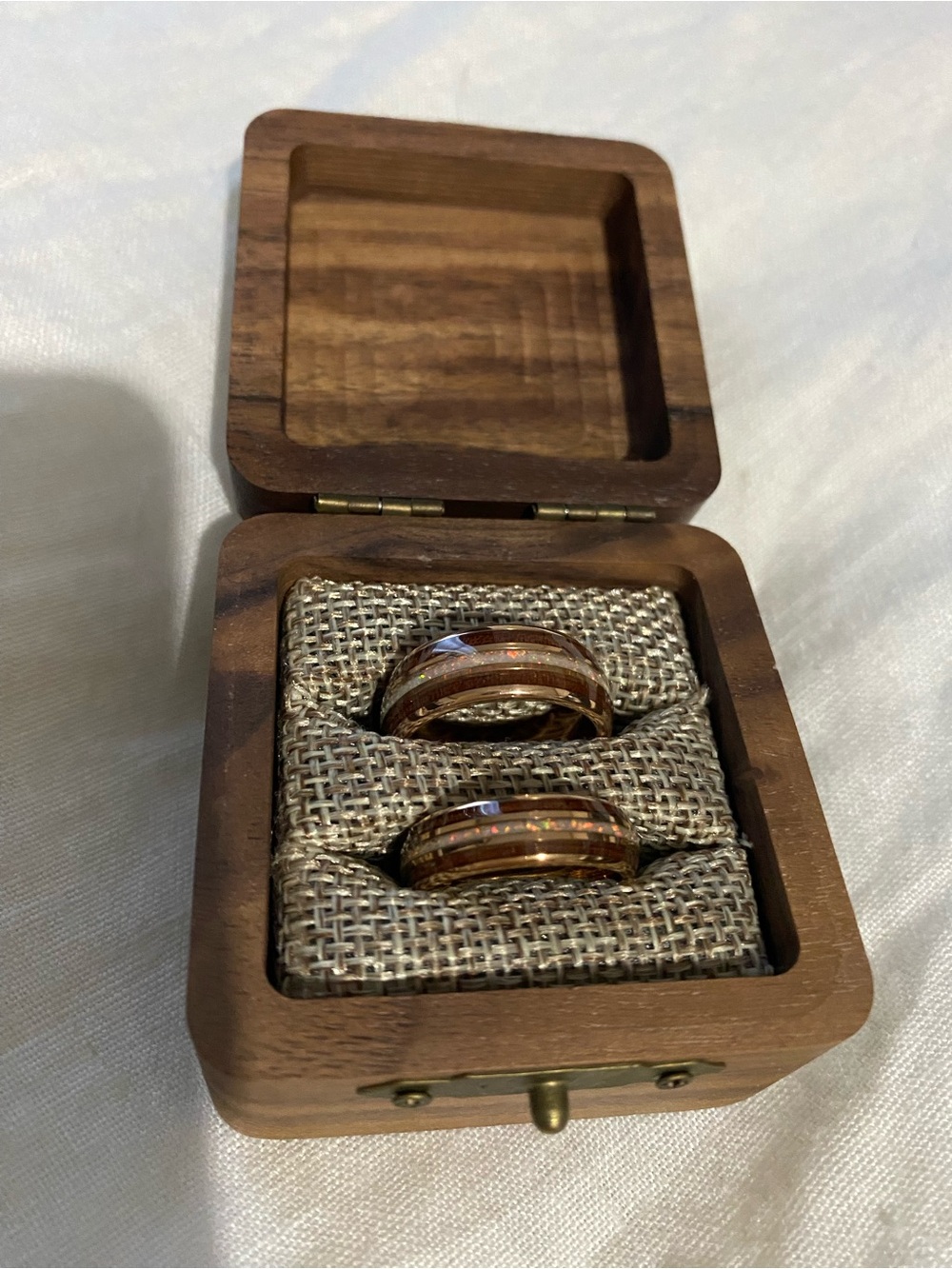 Couple Brown Wood Inlay Wedding Bands - Set of 2